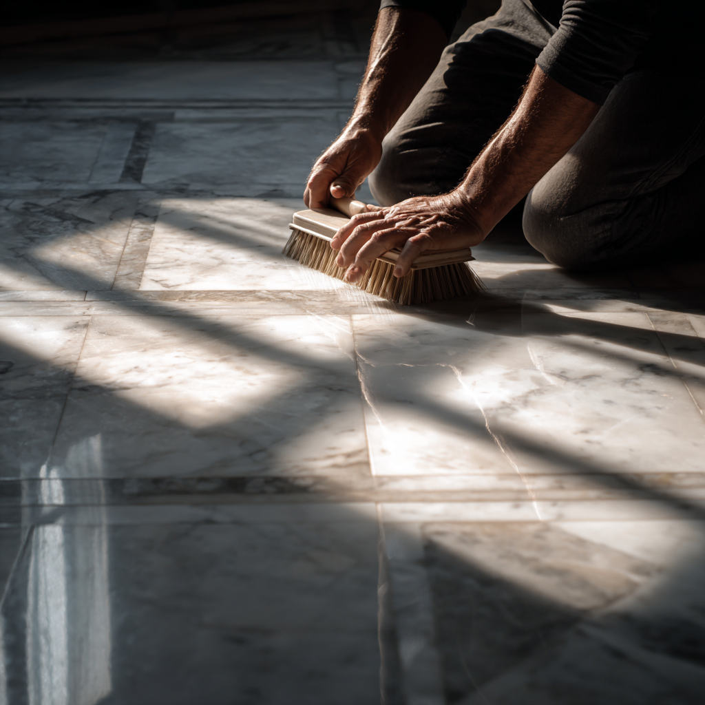 Brossage minutieux d'un sol en marbre dans un hotel particulier a Paris