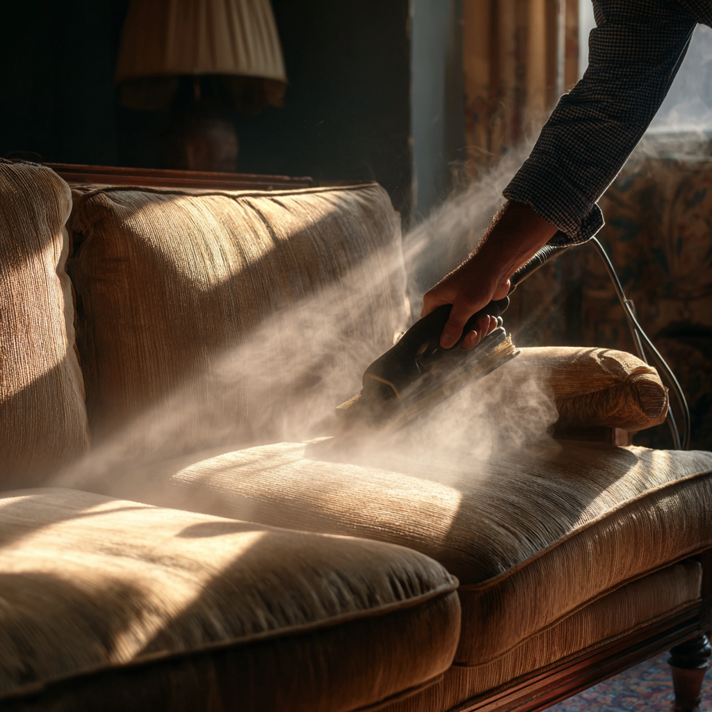 Nettoyage vapeur d'un canapé après un événement dans un lieu de prestige à Paris